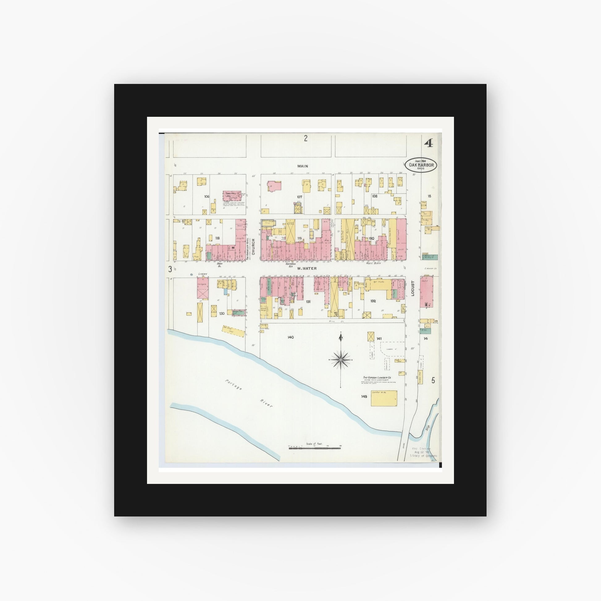 Old map wall art mockup — black gallery frame with white mat — Sanborn Fire Insurance Map from Oak Harbor, Ottawa County, Ohio (1904), Sheet #0004