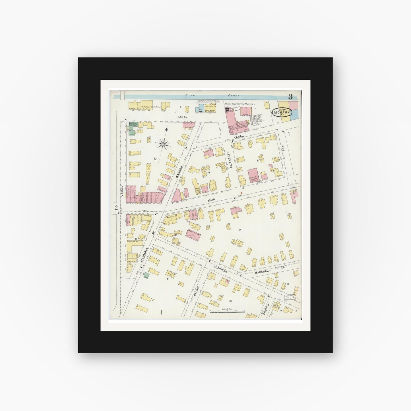 Old map wall art mockup — black gallery frame with white mat — Sanborn Fire Insurance Map from Mohawk, Herkimer County, New York (1897), Sheet #0003