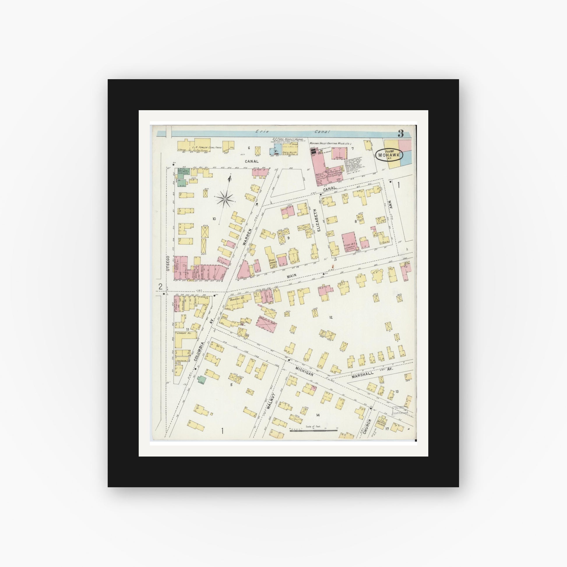 Old map wall art mockup — black gallery frame with white mat — Sanborn Fire Insurance Map from Mohawk, Herkimer County, New York (1897), Sheet #0003