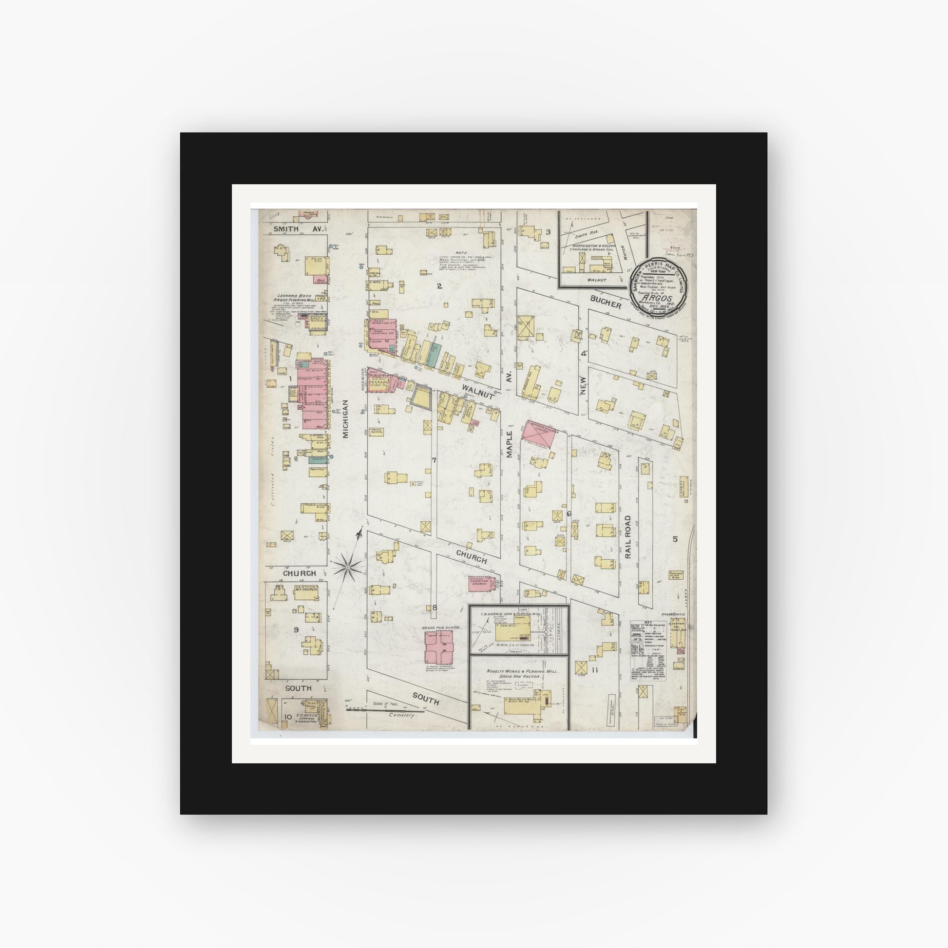 Old map wall art mockup — black gallery frame with white mat — Sanborn Fire Insurance Map from Argos, Marshall County, Indiana (1892), Sheet #0001