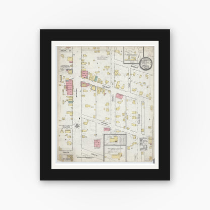 Old map wall art mockup — black gallery frame with white mat — Sanborn Fire Insurance Map from Argos, Marshall County, Indiana (1892), Sheet #0001