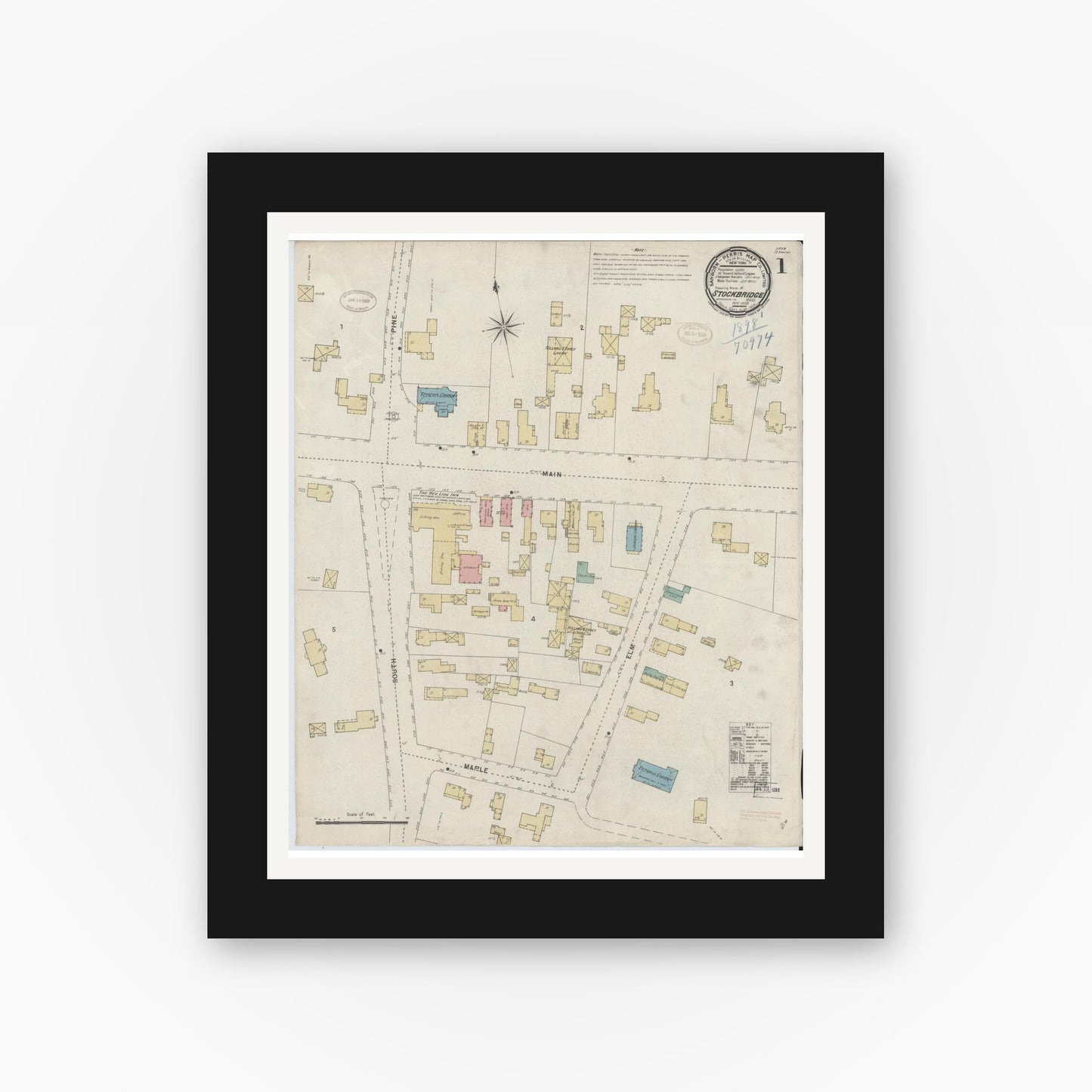 Old map wall art mockup — black gallery frame with white mat — Sanborn Fire Insurance Map from Stockbridge, Berkshire County, Massachusetts (1898), Sheet #0001