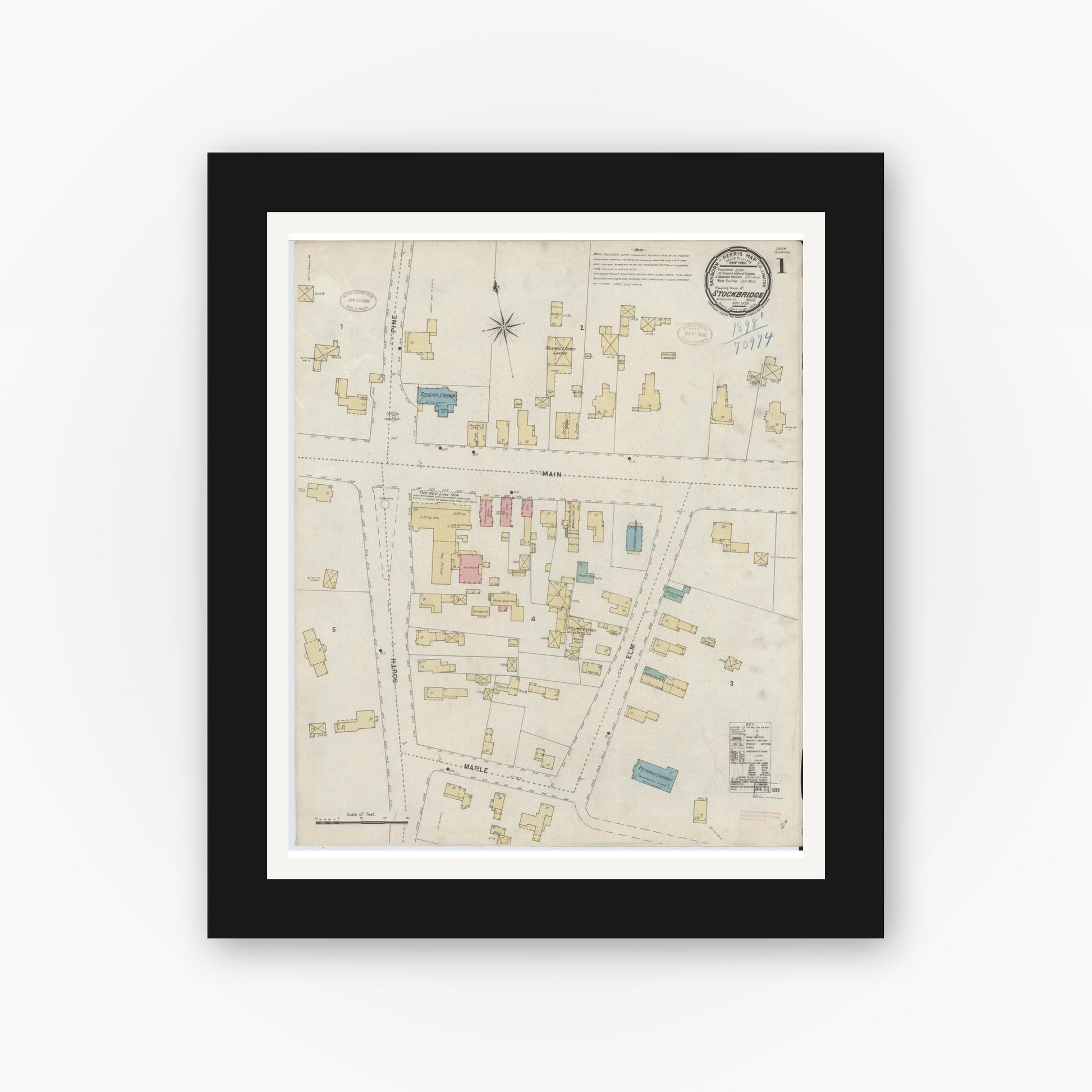 Old map wall art mockup — black gallery frame with white mat — Sanborn Fire Insurance Map from Stockbridge, Berkshire County, Massachusetts (1898), Sheet #0001