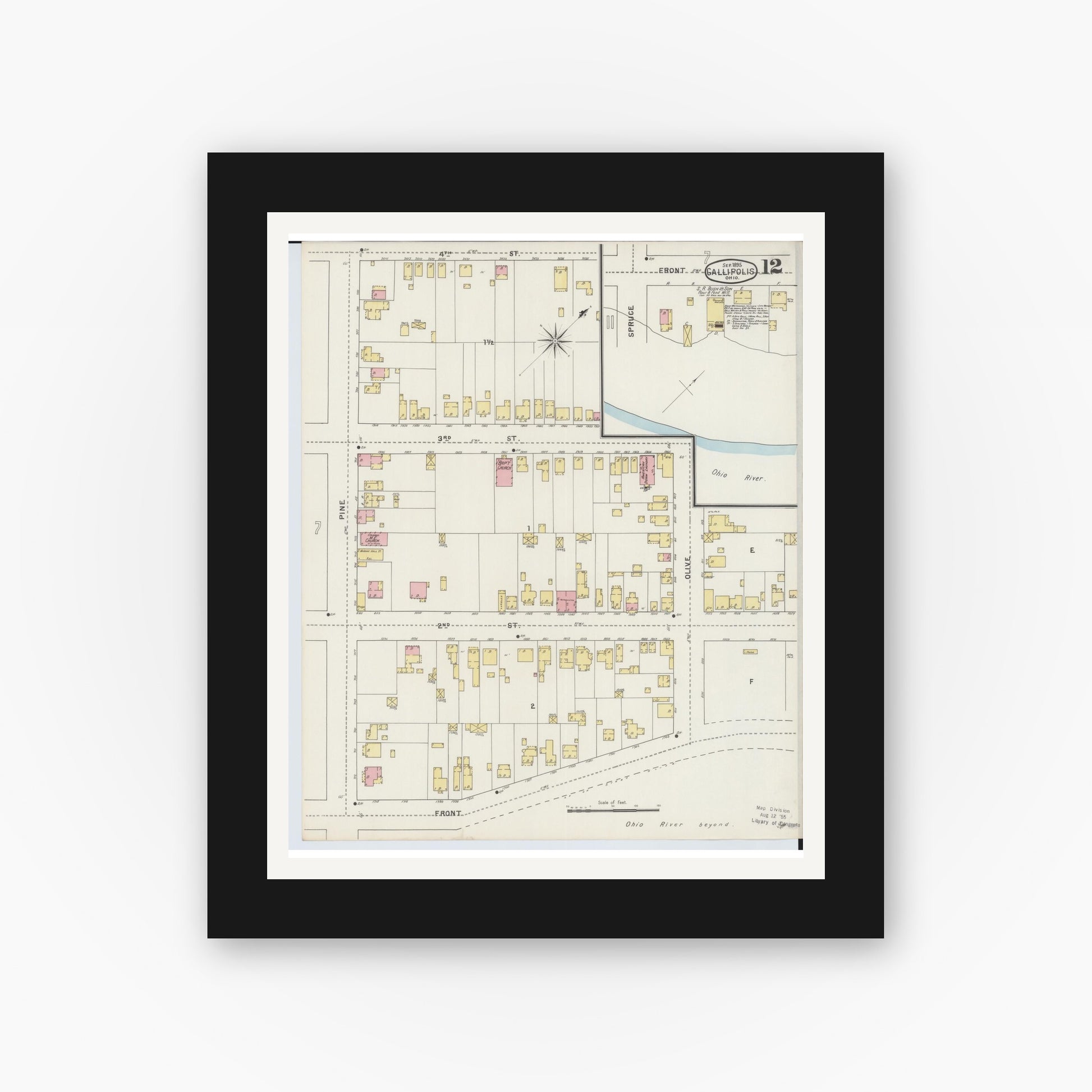 Old map wall art mockup — black gallery frame with white mat — Sanborn Fire Insurance Map from Gallipolis, Gallia County, Ohio (1895), Sheet #0012