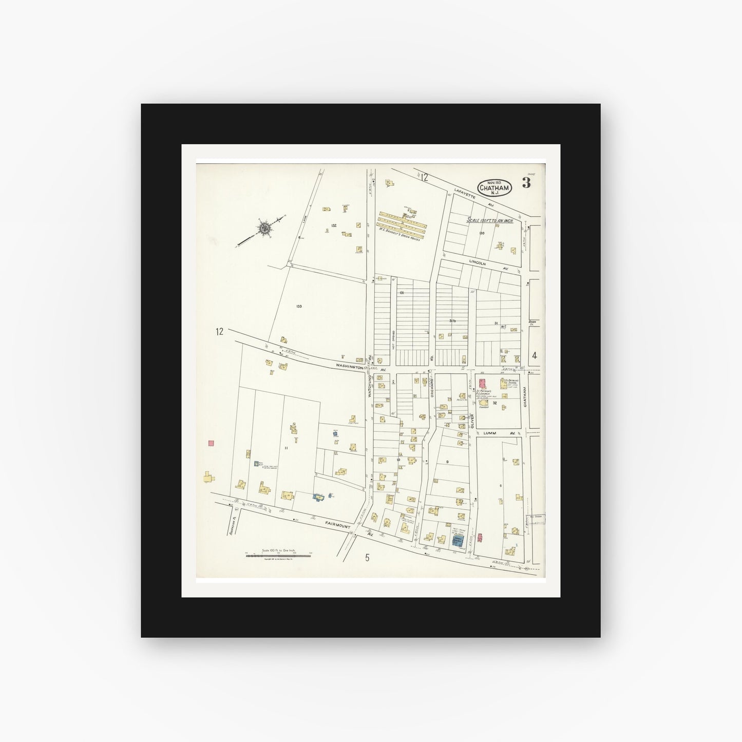 Old map wall art mockup — black gallery frame with white mat — Sanborn Fire Insurance Map from Chatham, Morris County, New Jersey (1921), Sheet #0003