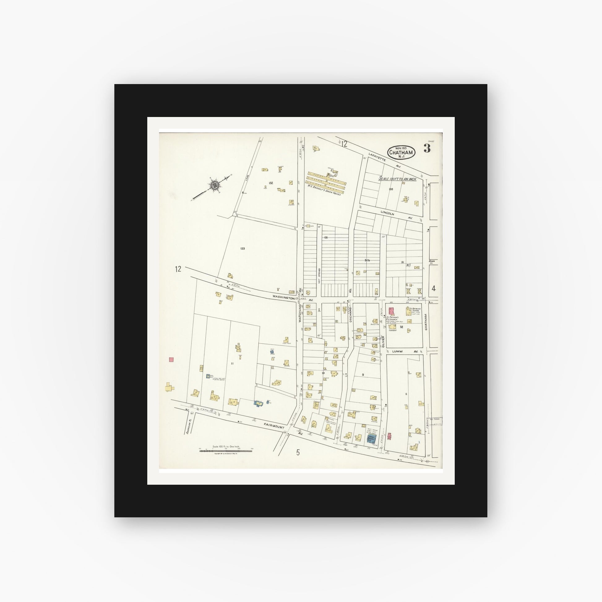 Old map wall art mockup — black gallery frame with white mat — Sanborn Fire Insurance Map from Chatham, Morris County, New Jersey (1921), Sheet #0003