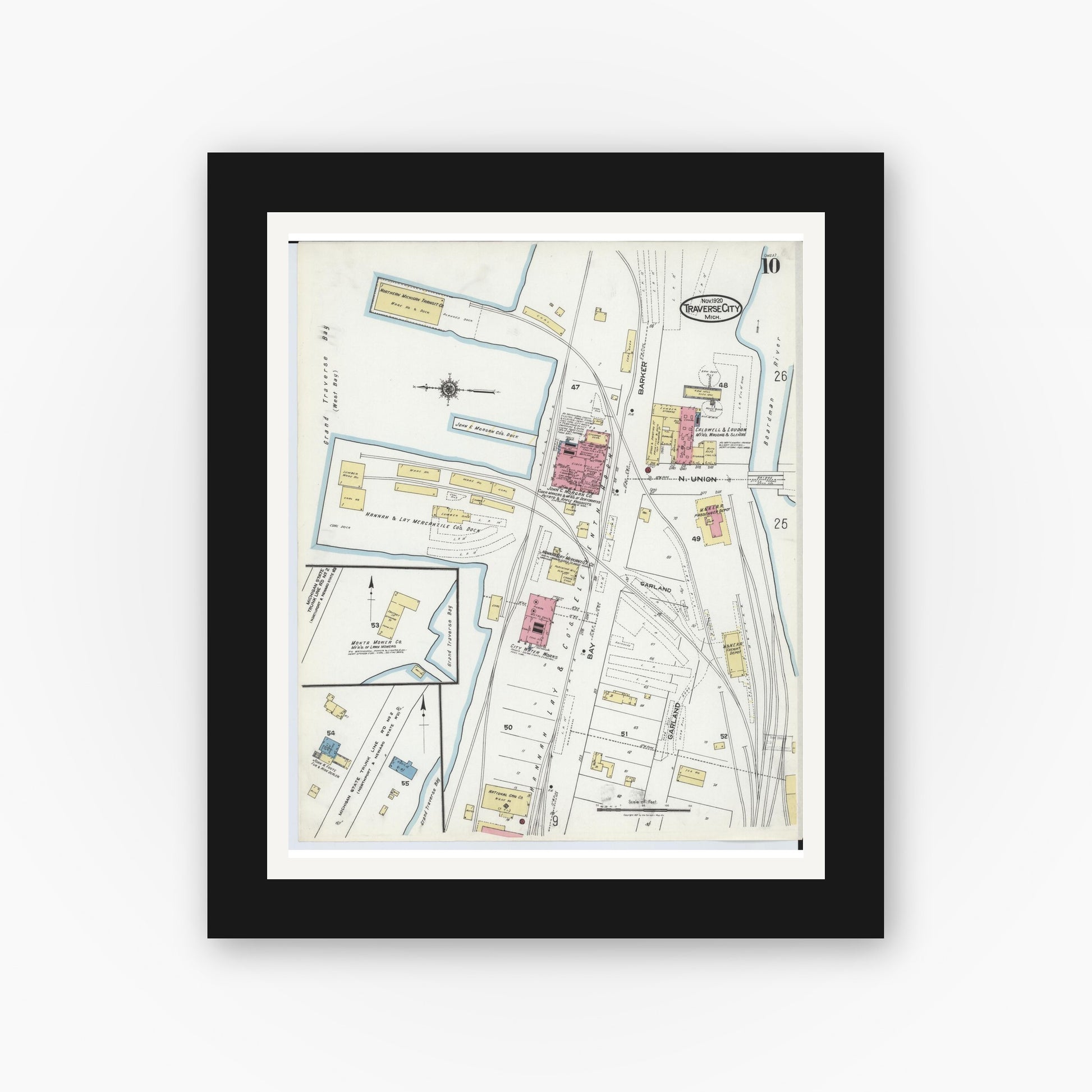 Old map wall art mockup — black gallery frame with white mat — Sanborn Fire Insurance Map from Traverse City, Grand Traverse County, Michigan (1920), Sheet #0010