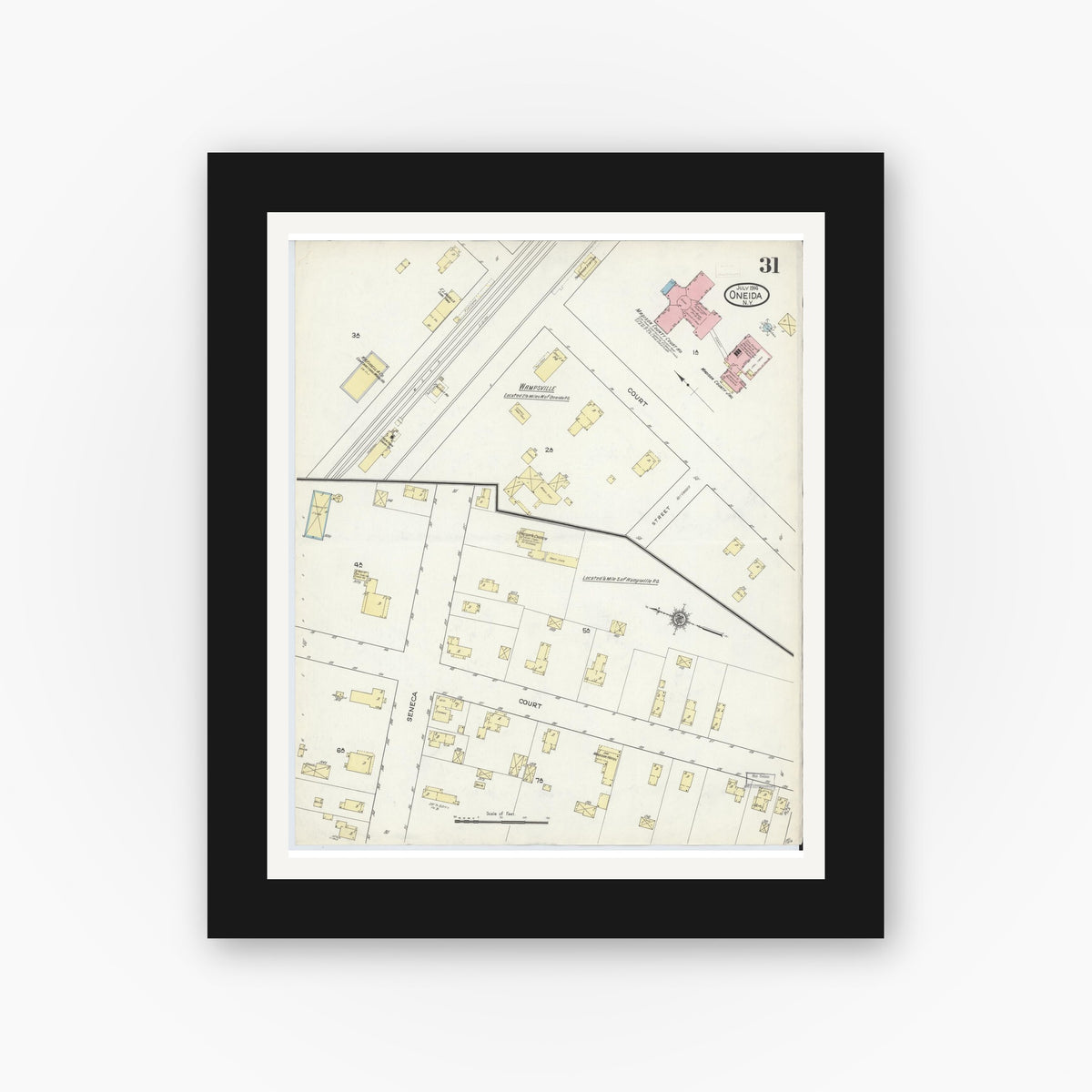 Old map wall art mockup — black gallery frame with white mat — Sanborn Fire Insurance Map from Oneida, Madison County, New York (1914), Sheet #0031