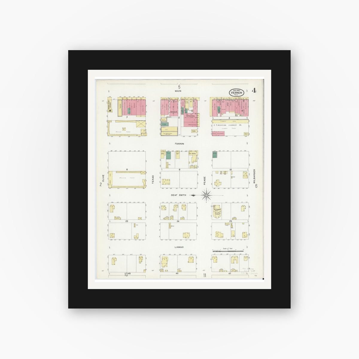 Old map wall art mockup — black gallery frame with white mat — Sanborn Fire Insurance Map from Vernon, Wilbarger County, Texas (1907), Sheet #0004