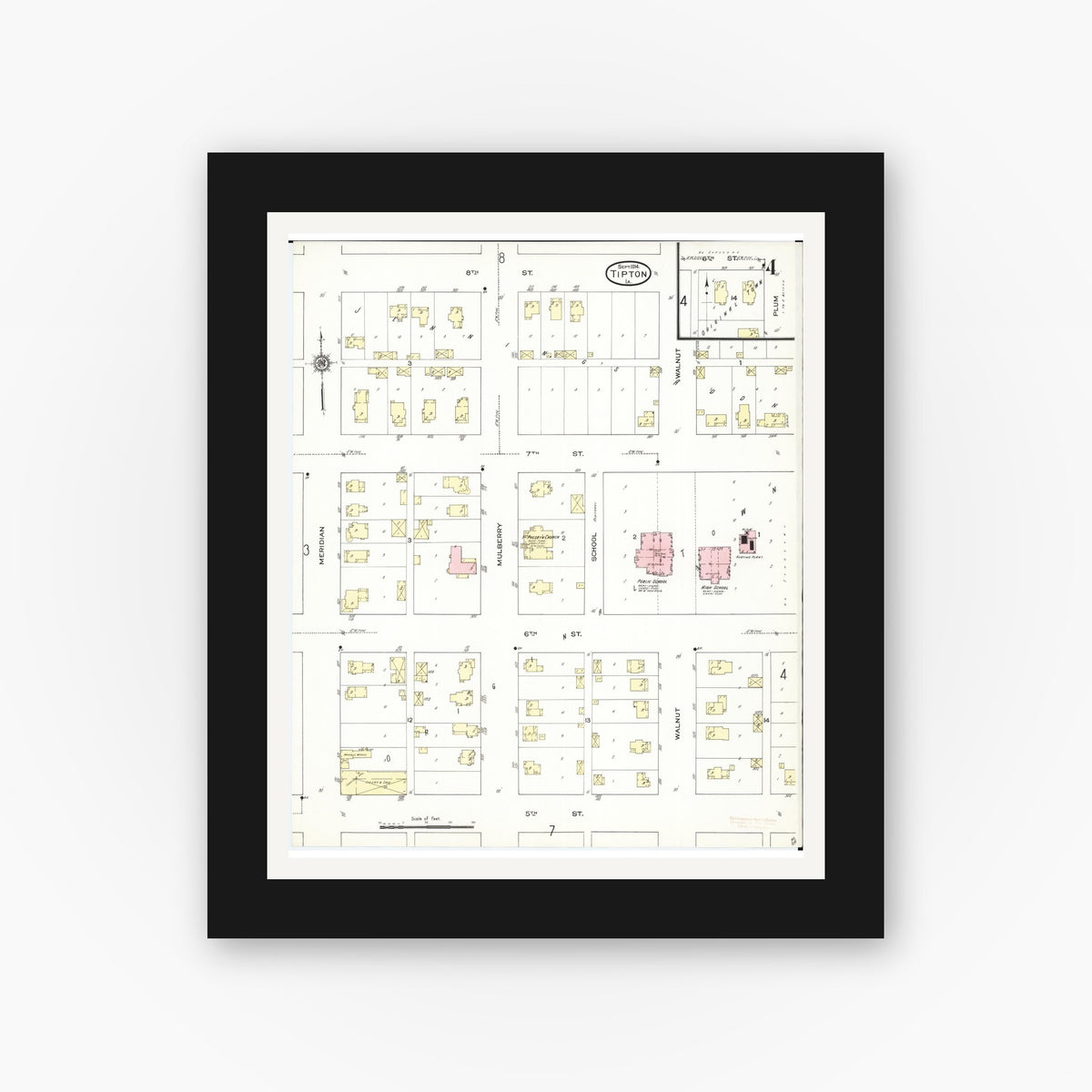 Old map wall art mockup — black gallery frame with white mat — Sanborn Fire Insurance Map from Tipton, Cedar County, Iowa (1914), Sheet #0004