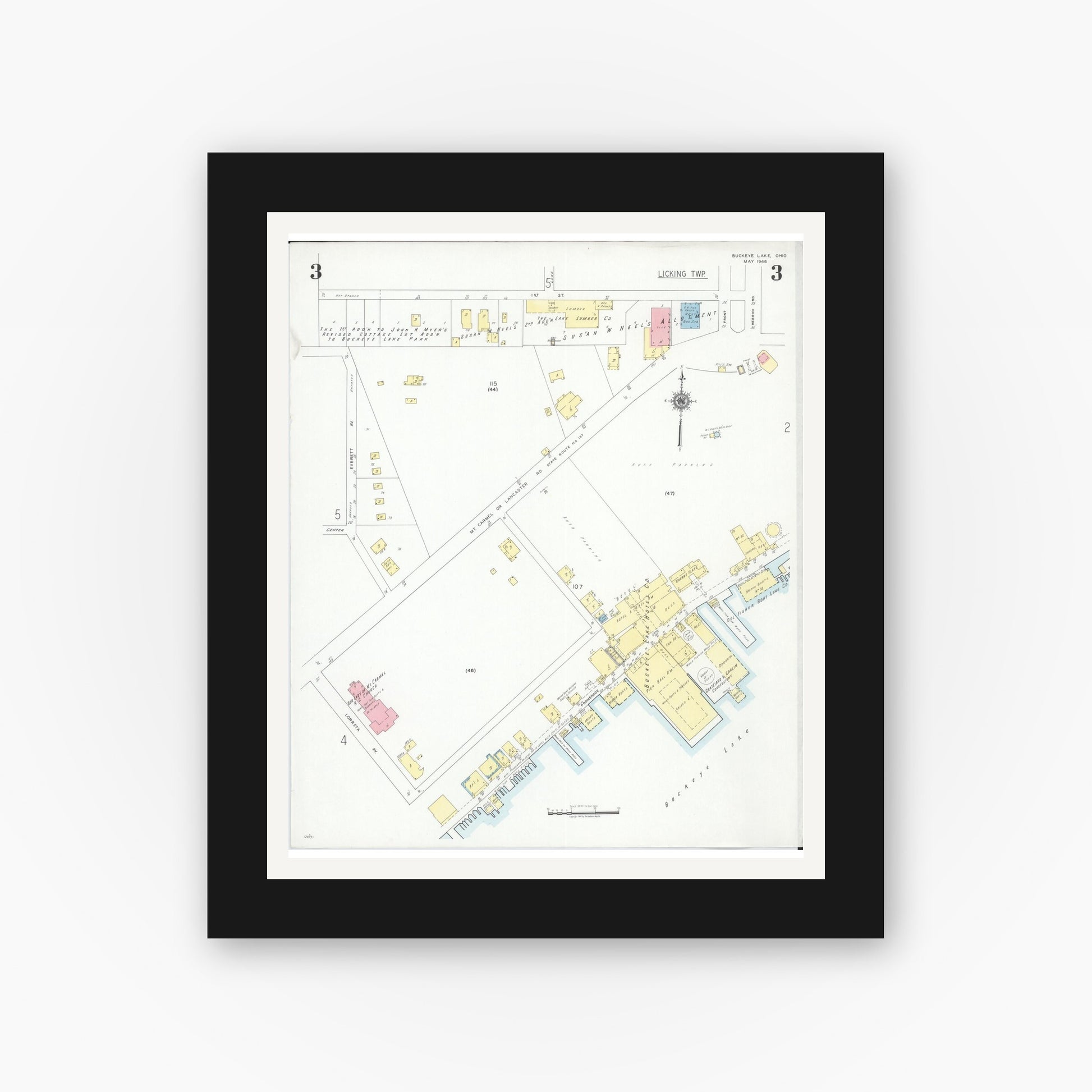Old map wall art mockup — black gallery frame with white mat — Sanborn Fire Insurance Map from Buckeye Lake, Licking County, Ohio (1946), Sheet #0003
