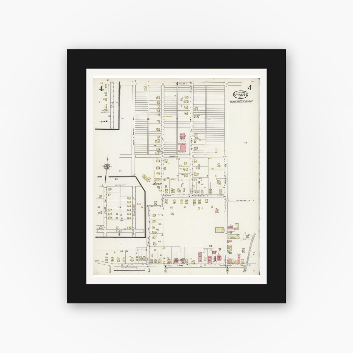 Old map wall art mockup — black gallery frame with white mat — Sanborn Fire Insurance Map from Orange, Orange County, Virginia (1925), Sheet #0004