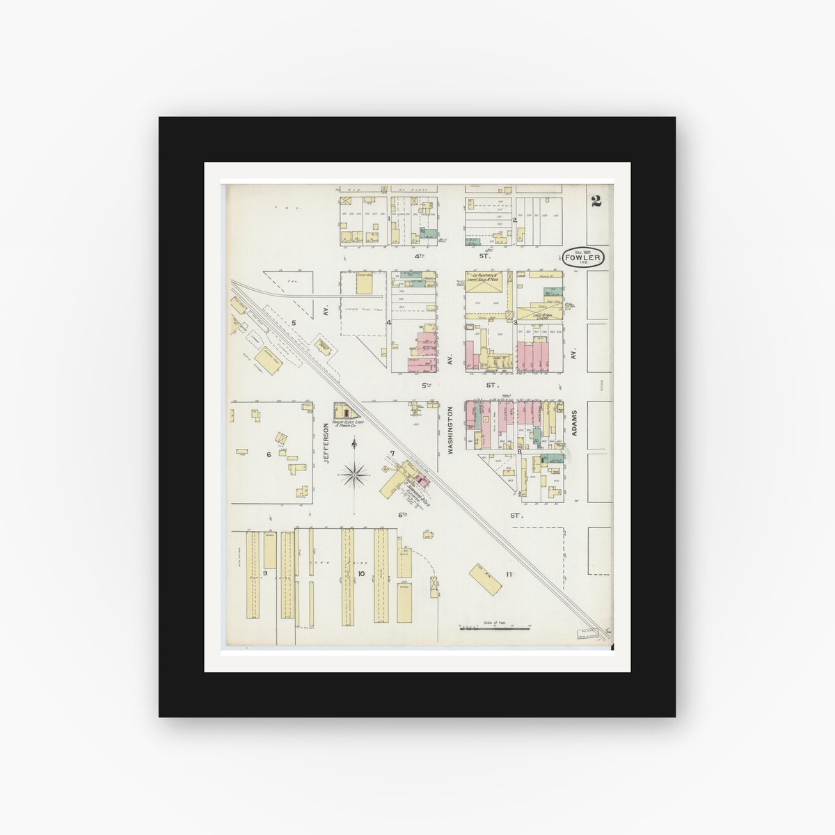 Old map wall art mockup — black gallery frame with white mat — Sanborn Fire Insurance Map from Fowler, Benton County, Indiana (1892), Sheet #0002