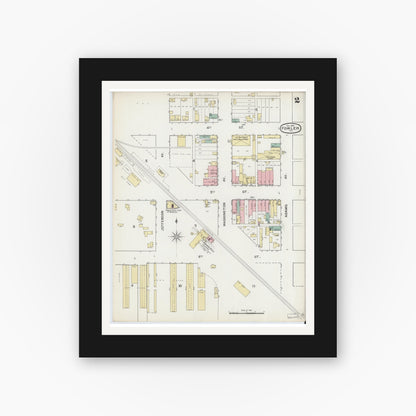 Old map wall art mockup — black gallery frame with white mat — Sanborn Fire Insurance Map from Fowler, Benton County, Indiana (1892), Sheet #0002