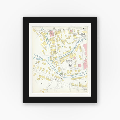 Old map wall art mockup — black gallery frame with white mat — Sanborn Fire Insurance Map from Adams, Berkshire County, Massachusetts (1908), Sheet #0011