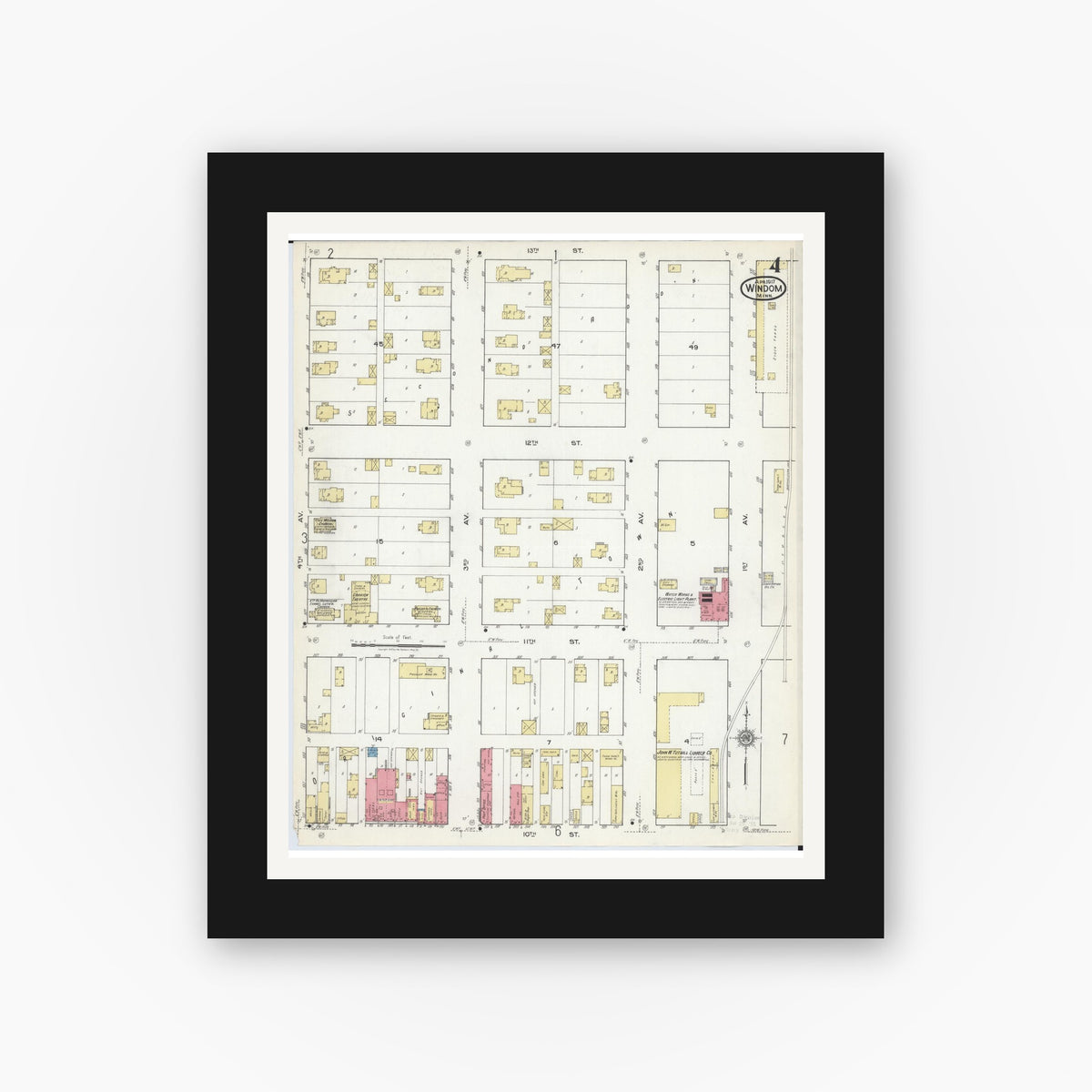 Old map wall art mockup — black gallery frame with white mat — Sanborn Fire Insurance Map from Windom, Cottonwood County, Minnesota (1917), Sheet #0004