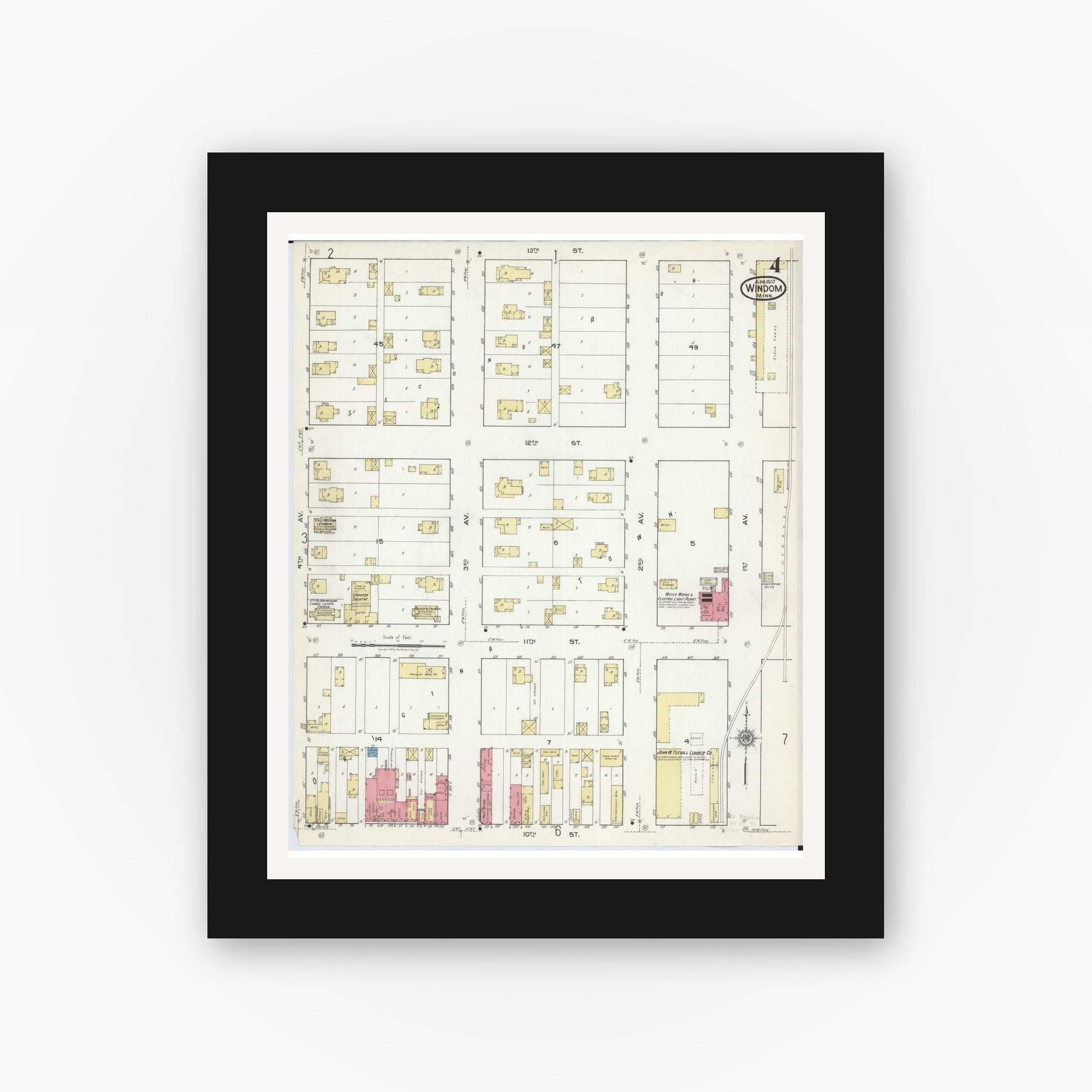 Old map wall art mockup — black gallery frame with white mat — Sanborn Fire Insurance Map from Windom, Cottonwood County, Minnesota (1917), Sheet #0004