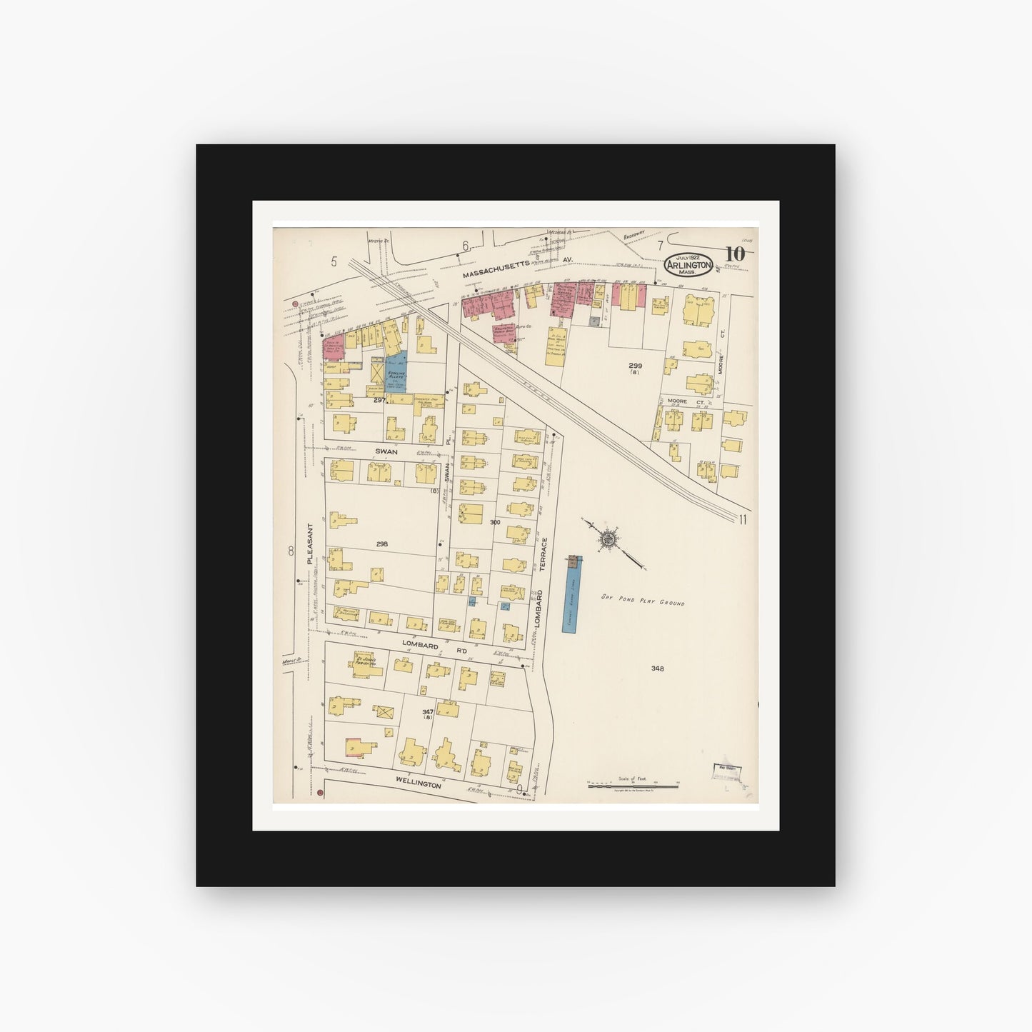 Old map wall art mockup — black gallery frame with white mat — Sanborn Fire Insurance Map from Arlington, Middlesex County, Massachusetts (1922), Sheet #0010