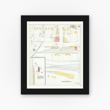 Old map wall art mockup — black gallery frame with white mat — Sanborn Fire Insurance Map from Texarkana, Bowie County, Texas (1909), Sheet #0003