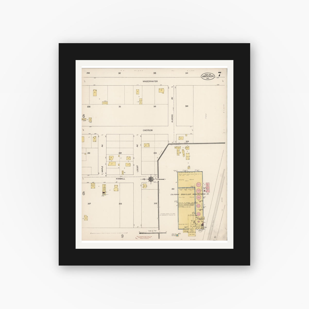 Old map wall art mockup — black gallery frame with white mat — Sanborn Fire Insurance Map from Antioch, Contra Costa County, California (1912), Sheet #0007