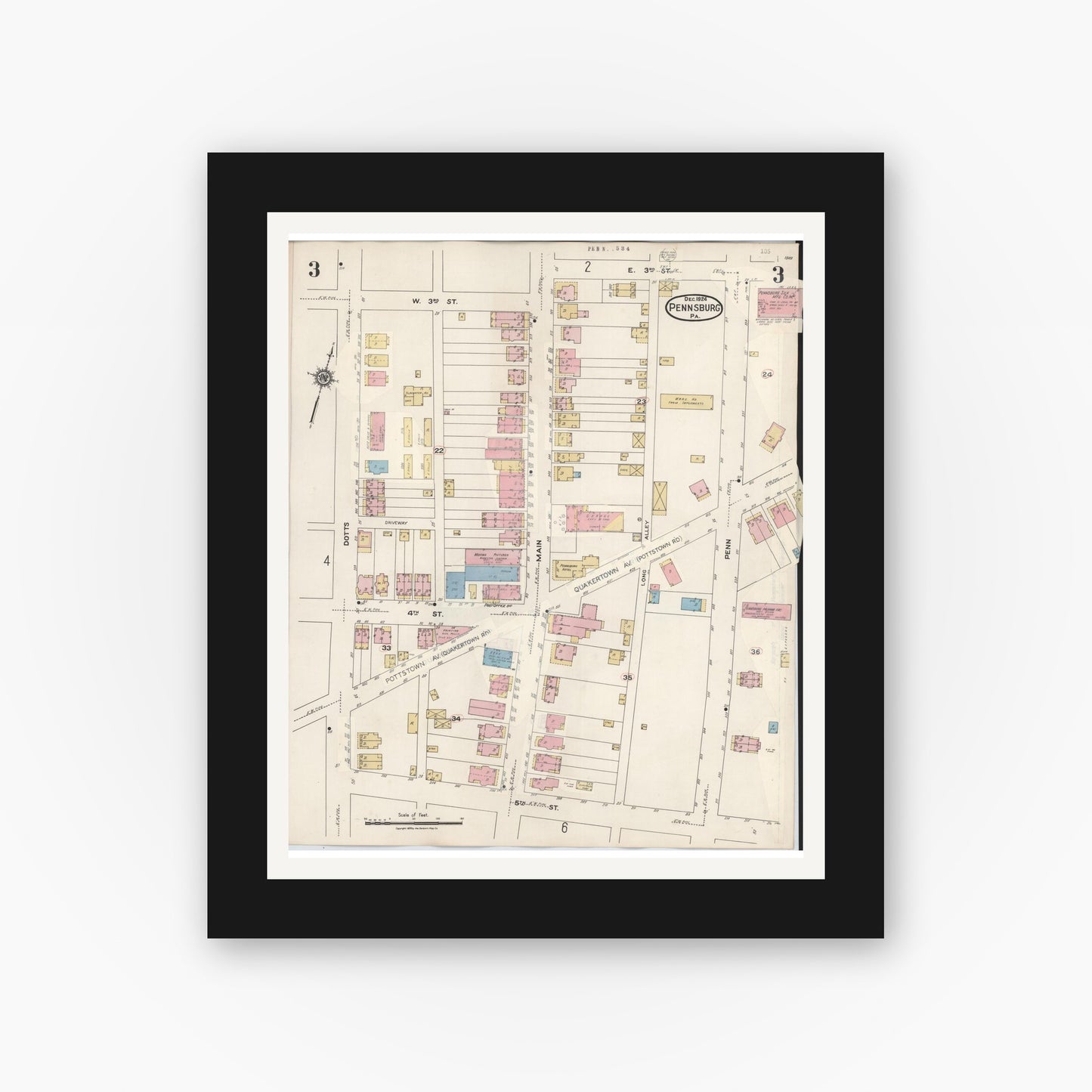 Old map wall art mockup — black gallery frame with white mat — Sanborn Fire Insurance Map from Pennsburg, Montgomery County, Pennsylvania (1933), Sheet #0003