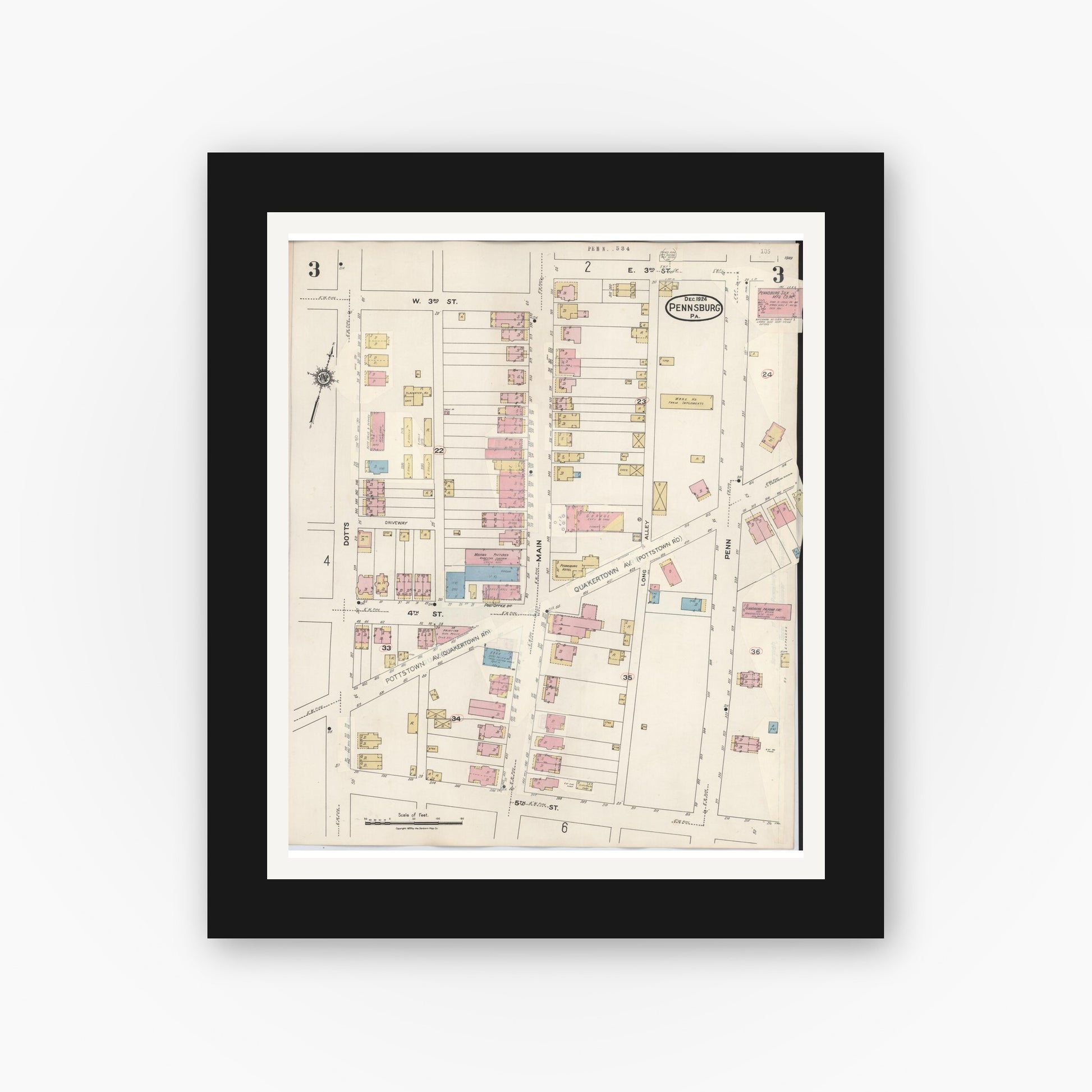 Old map wall art mockup — black gallery frame with white mat — Sanborn Fire Insurance Map from Pennsburg, Montgomery County, Pennsylvania (1933), Sheet #0003