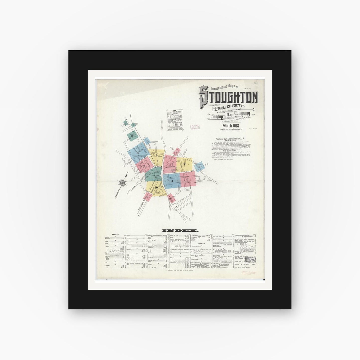 Old map wall art mockup — black gallery frame with white mat — Sanborn Fire Insurance Map from Stoughton, Norfolk County, Massachusetts (1912) - Complete Map Set