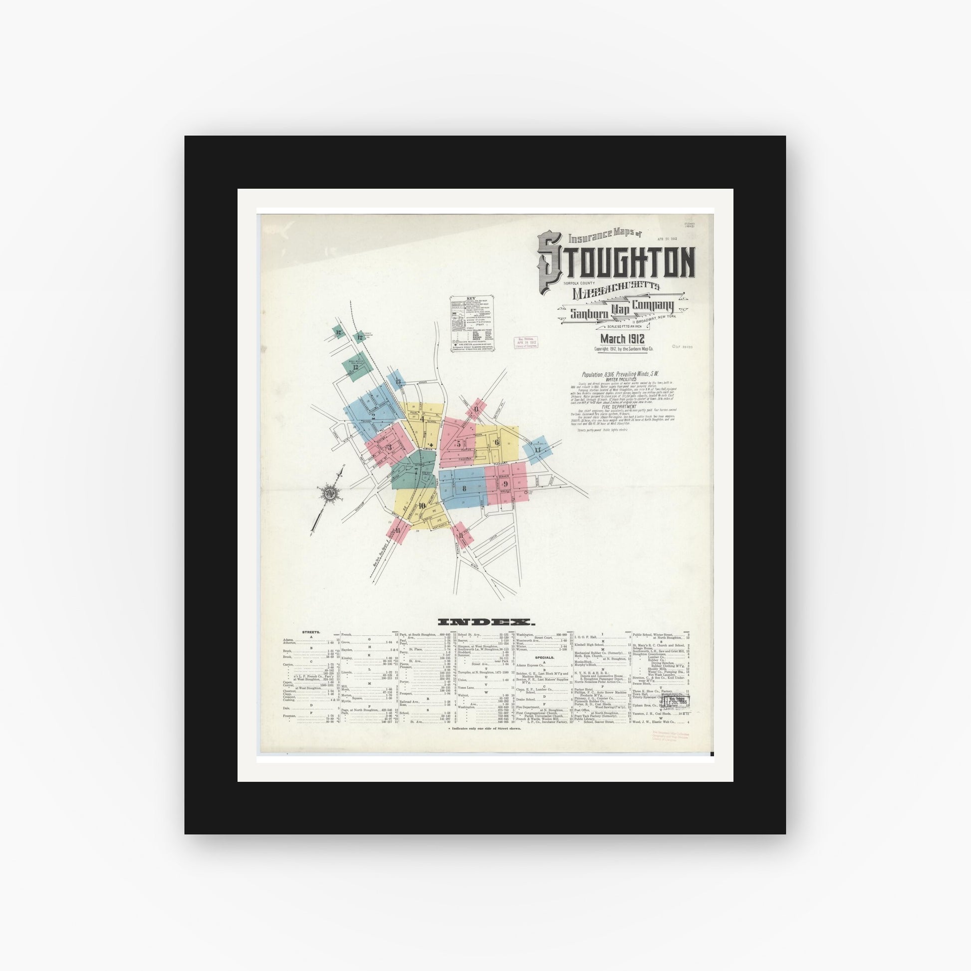Old map wall art mockup — black gallery frame with white mat — Sanborn Fire Insurance Map from Stoughton, Norfolk County, Massachusetts (1912) - Complete Map Set