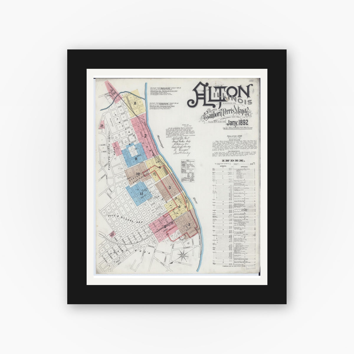 Old map wall art mockup — black gallery frame with white mat — Sanborn Fire Insurance Map from Alton, Madison County, Illinois (1892) - Complete Map Set