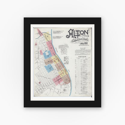 Old map wall art mockup — black gallery frame with white mat — Sanborn Fire Insurance Map from Alton, Madison County, Illinois (1892) - Complete Map Set