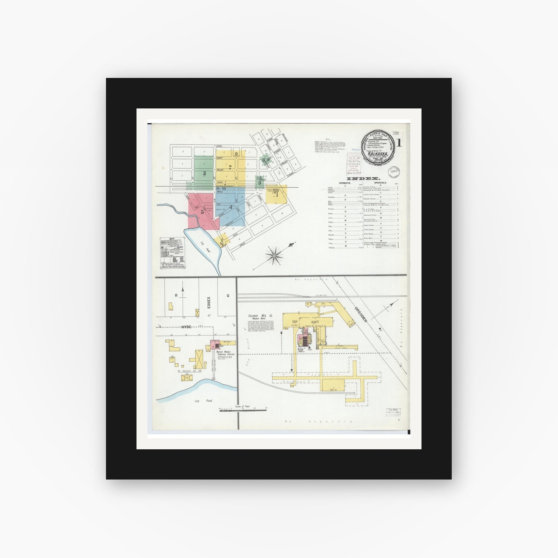 Old map wall art mockup — black gallery frame with white mat — Sanborn Fire Insurance Map from Kalkaska, Kalkaska County, Michigan (1900) - Complete Map Set