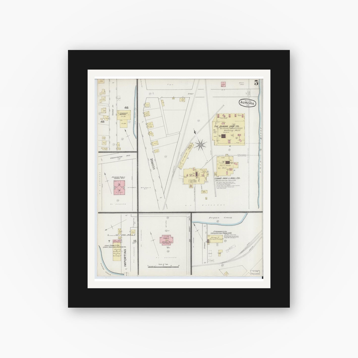Old map wall art mockup — black gallery frame with white mat — Sanborn Fire Insurance Map from Aurora, Dearborn County, Indiana (1887), Sheet #0005