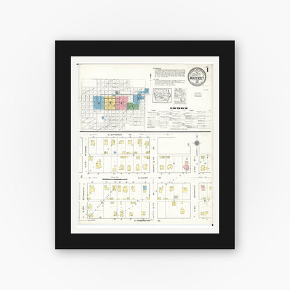 Old map wall art mockup — black gallery frame with white mat — Sanborn Fire Insurance Map from Winterset, Madison County, Iowa (1916), Sheet #0001