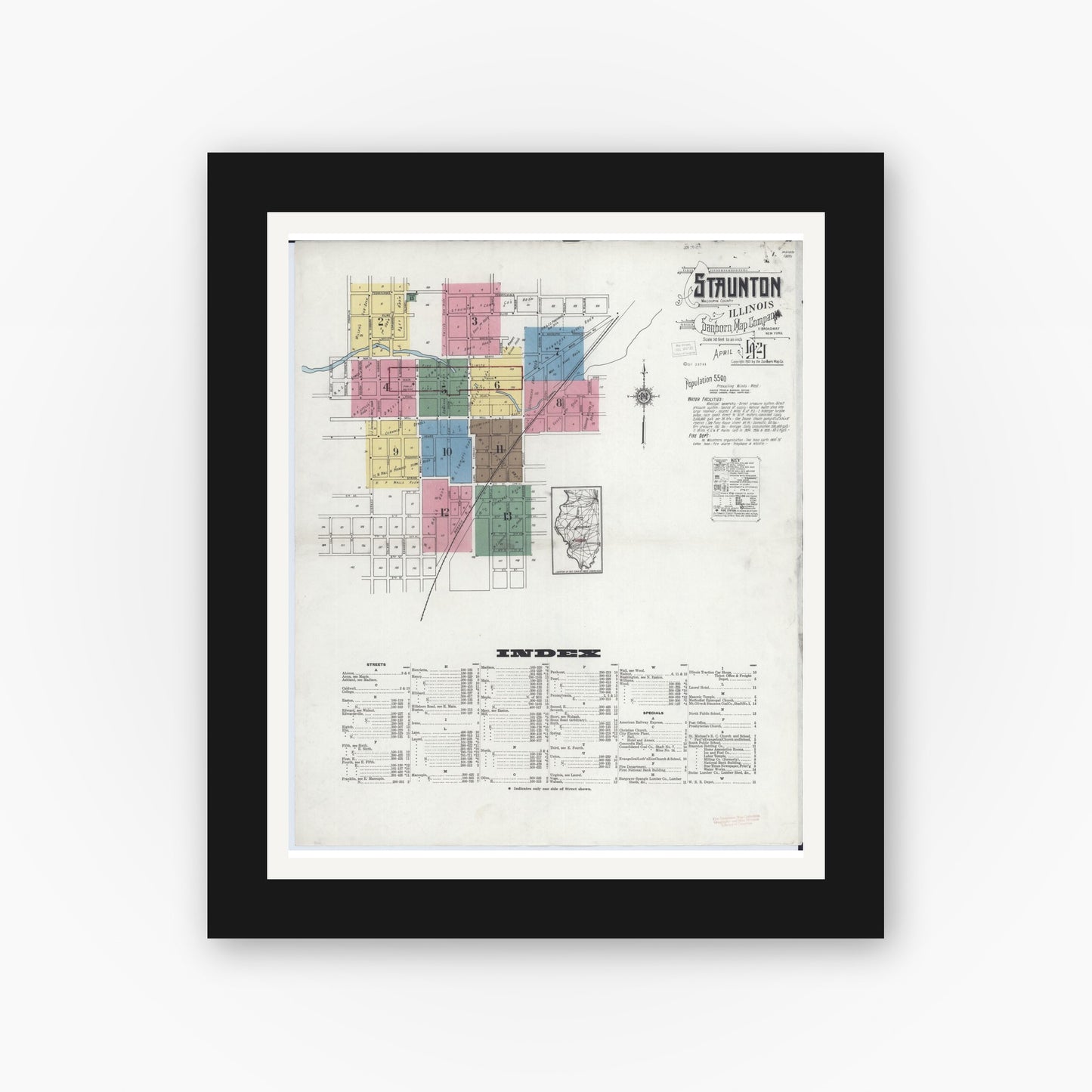 Old map wall art mockup — black gallery frame with white mat — Sanborn Fire Insurance Map from Staunton, Macoupin County, Illinois (1921), Sheet #0001