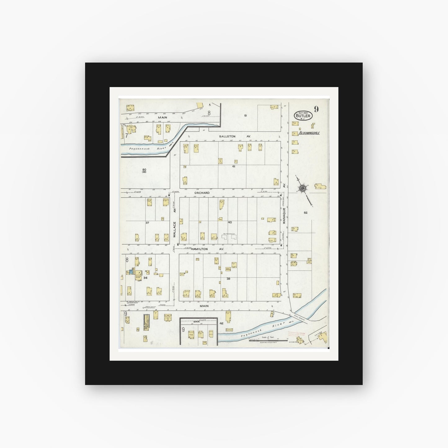Old map wall art mockup — black gallery frame with white mat — Sanborn Fire Insurance Map from Butler, Morris County, New Jersey (1920), Sheet #0009