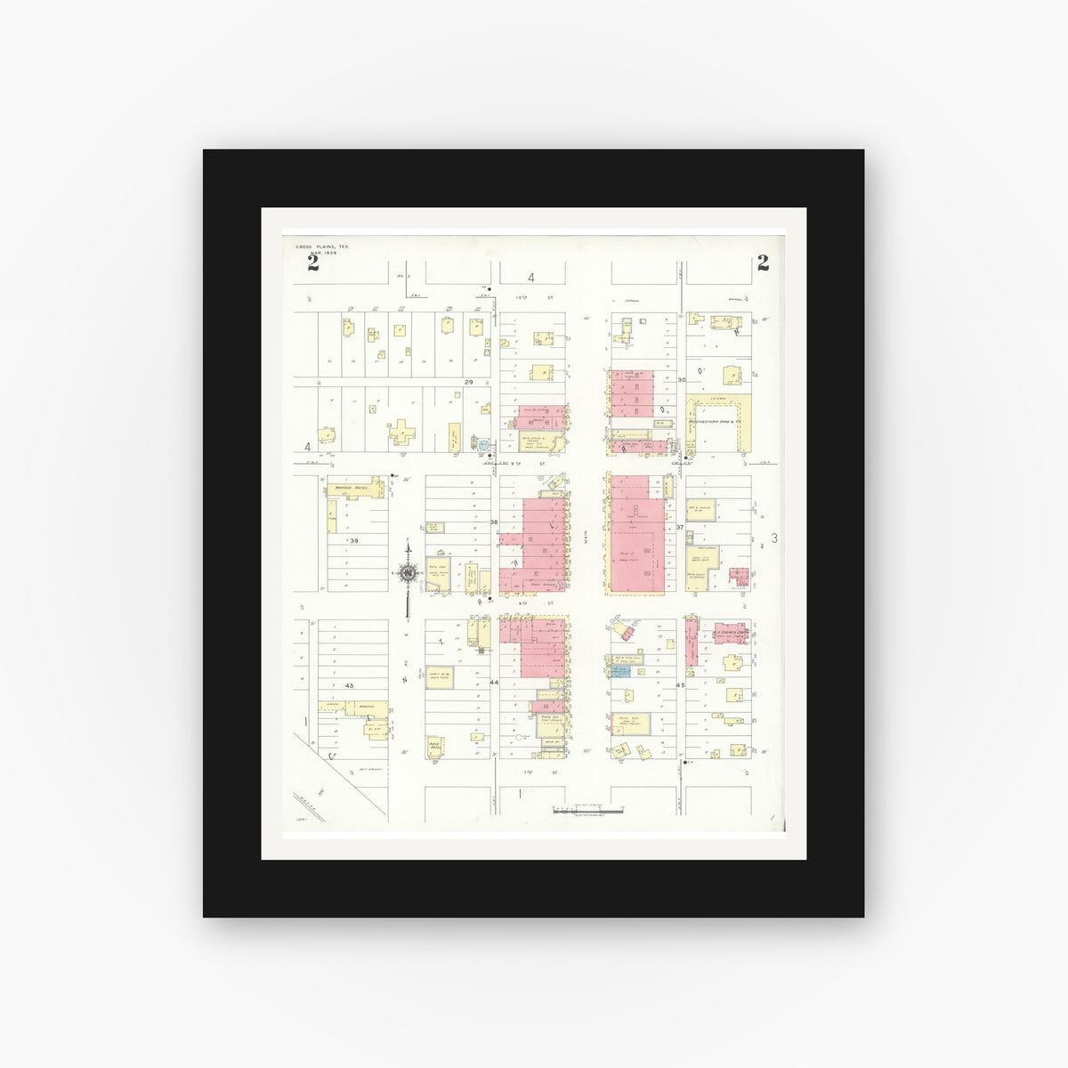 Old map wall art mockup — black gallery frame with white mat — Sanborn Fire Insurance Map from Cross Plains, Callahan County, Texas (1939), Sheet #0002