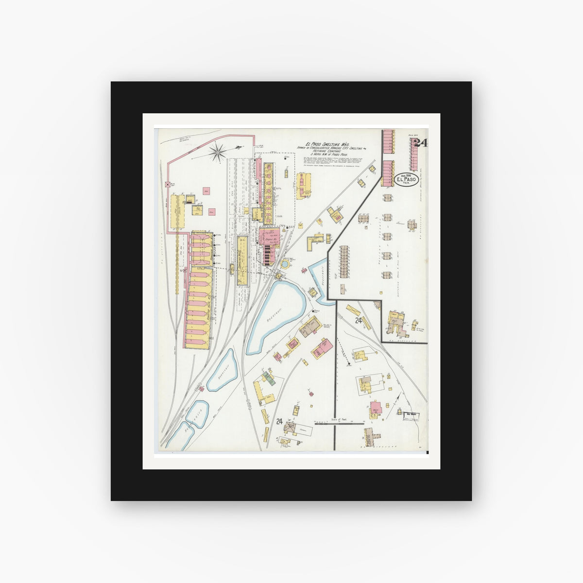 Old map wall art mockup — black gallery frame with white mat — Sanborn Fire Insurance Map from El Paso, El Paso County, Texas (1900), Sheet #0024