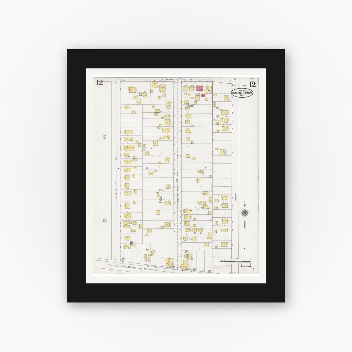 Old map wall art mockup — black gallery frame with white mat — Sanborn Fire Insurance Map from Huntington Park, Los Angeles County, California (1924), Sheet #0012