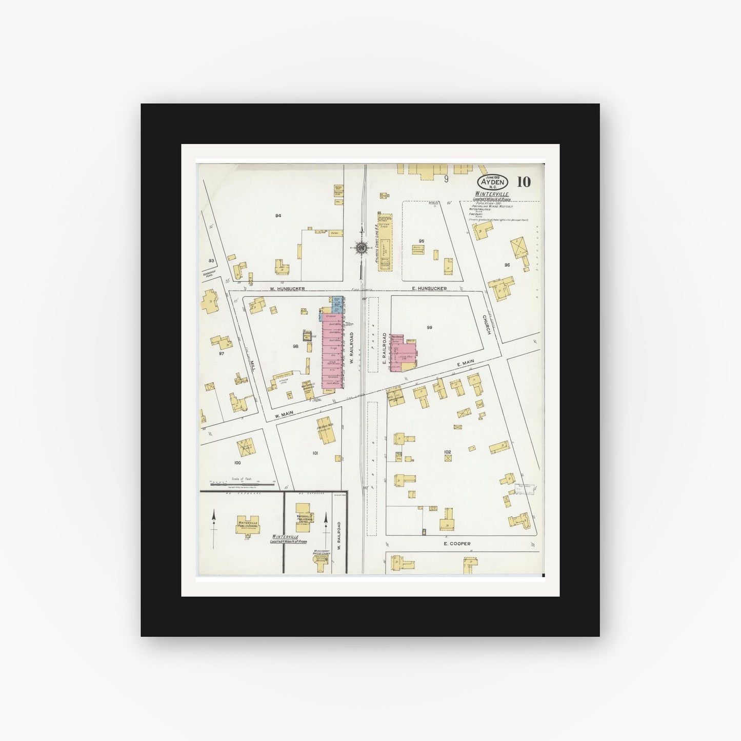 Old map wall art mockup — black gallery frame with white mat — Sanborn Fire Insurance Map from Ayden, Pitt County, North Carolina (1919), Sheet #0010