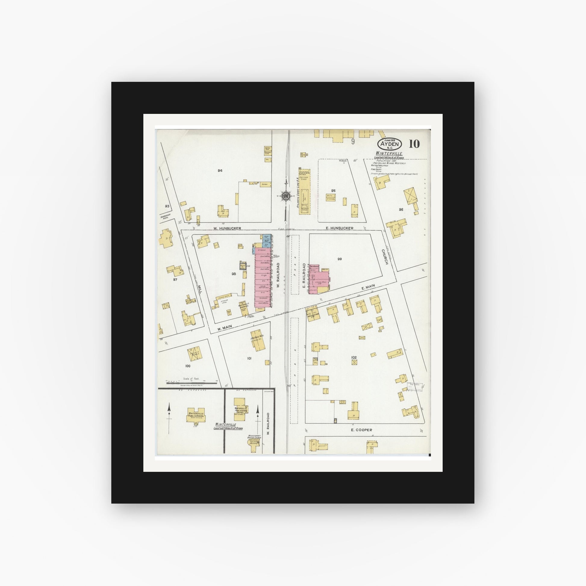 Old map wall art mockup — black gallery frame with white mat — Sanborn Fire Insurance Map from Ayden, Pitt County, North Carolina (1919), Sheet #0010