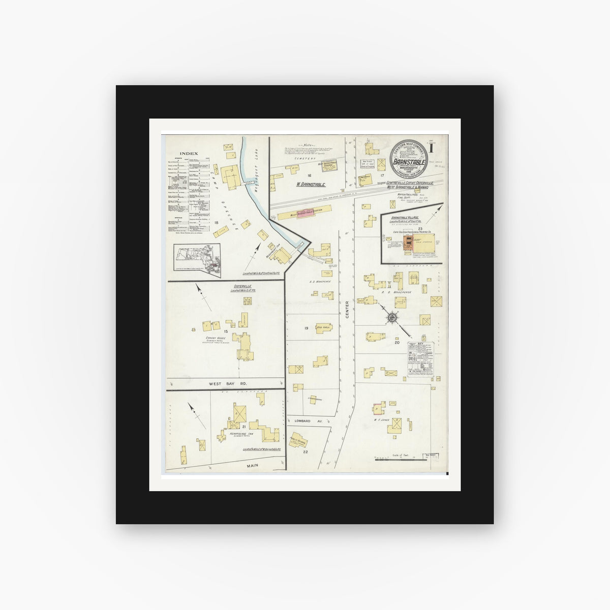 Old map wall art mockup — black gallery frame with white mat — Sanborn Fire Insurance Map from Barnstable, Barnstable County, Massachusetts (1916), Sheet #0001