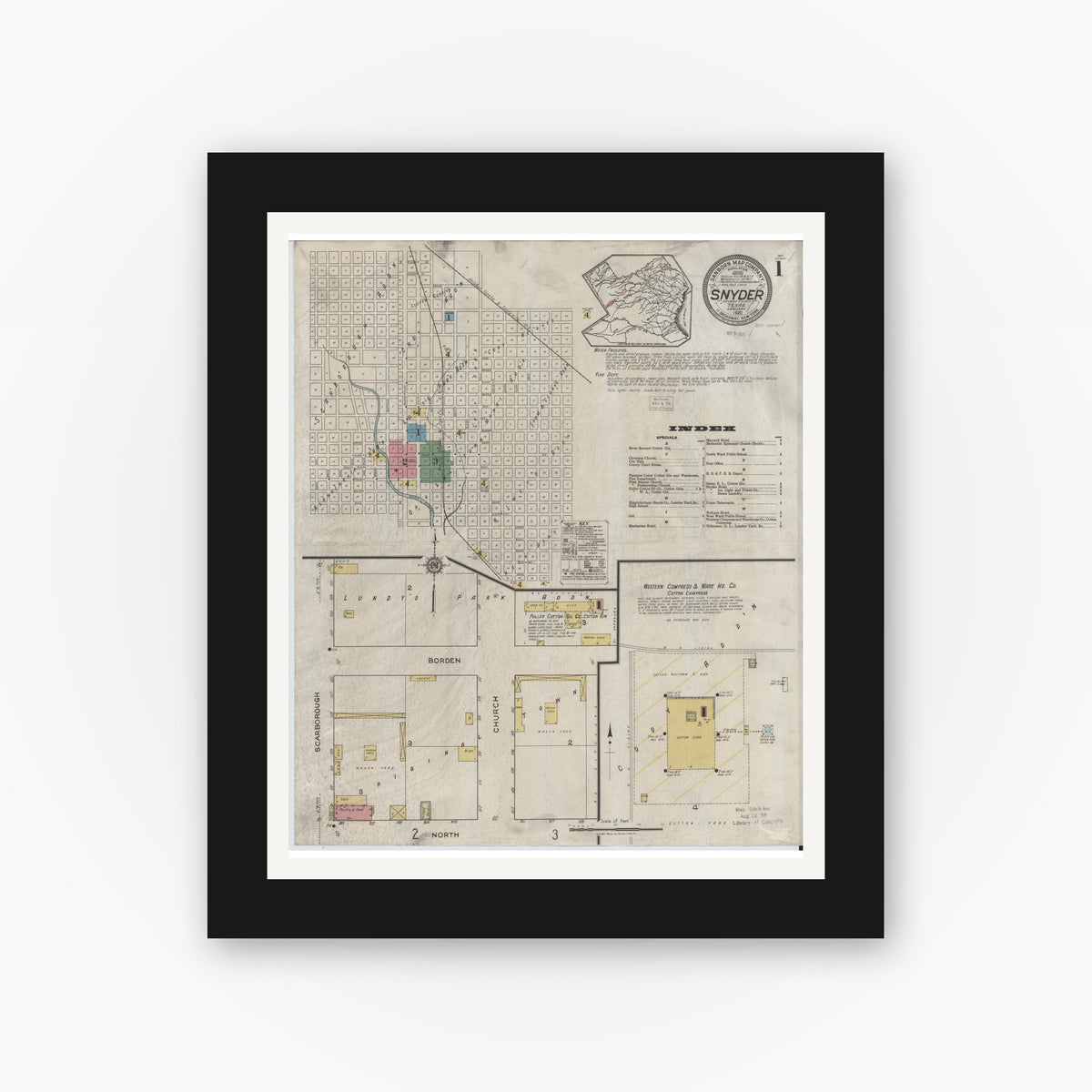 Old map wall art mockup — black gallery frame with white mat — Sanborn Fire Insurance Map from Snyder, Scurry County, Texas (1920), Sheet #0001