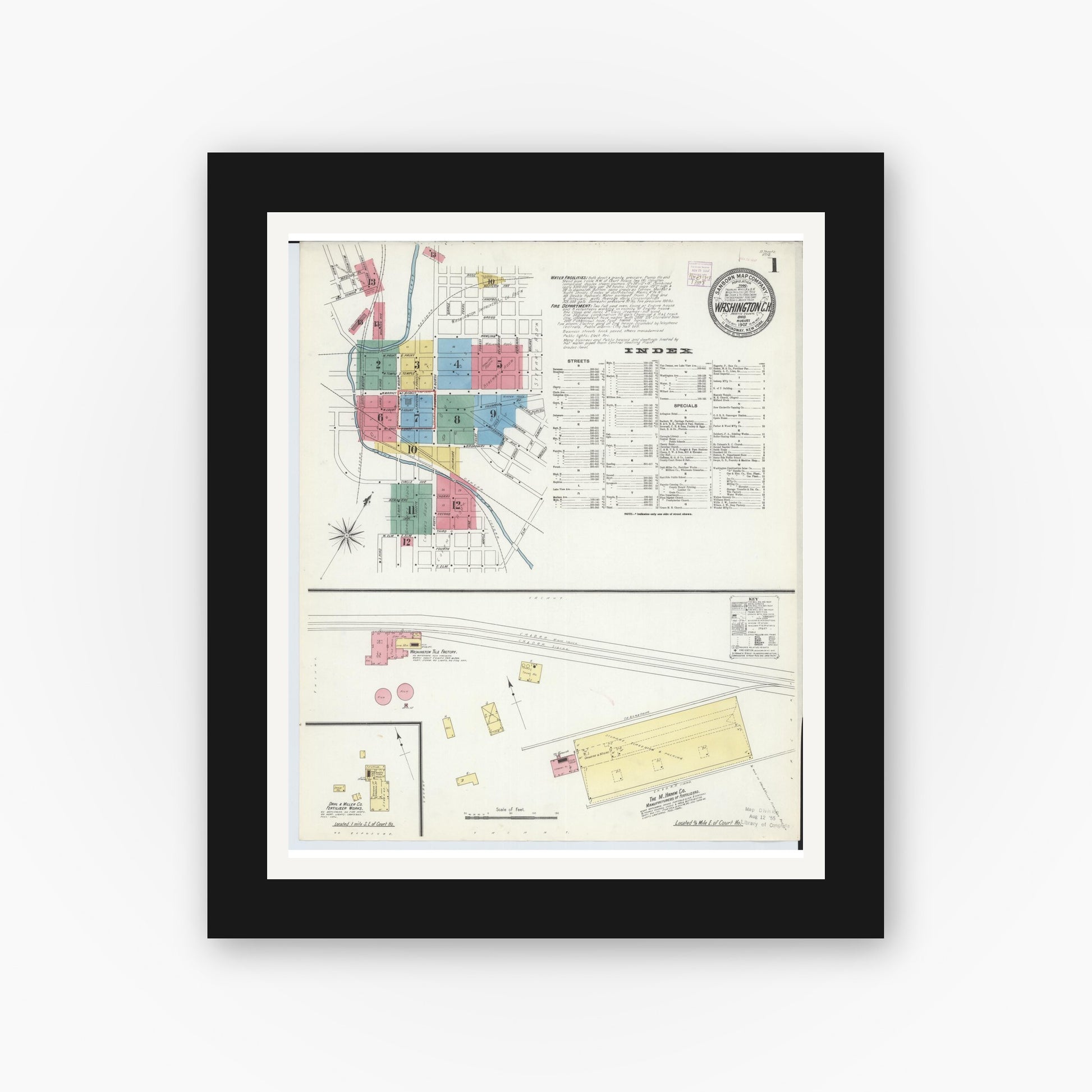 Old map wall art mockup — black gallery frame with white mat — Sanborn Fire Insurance Map from Washington Court House, Fayette County, Ohio (1907), Sheet #0001