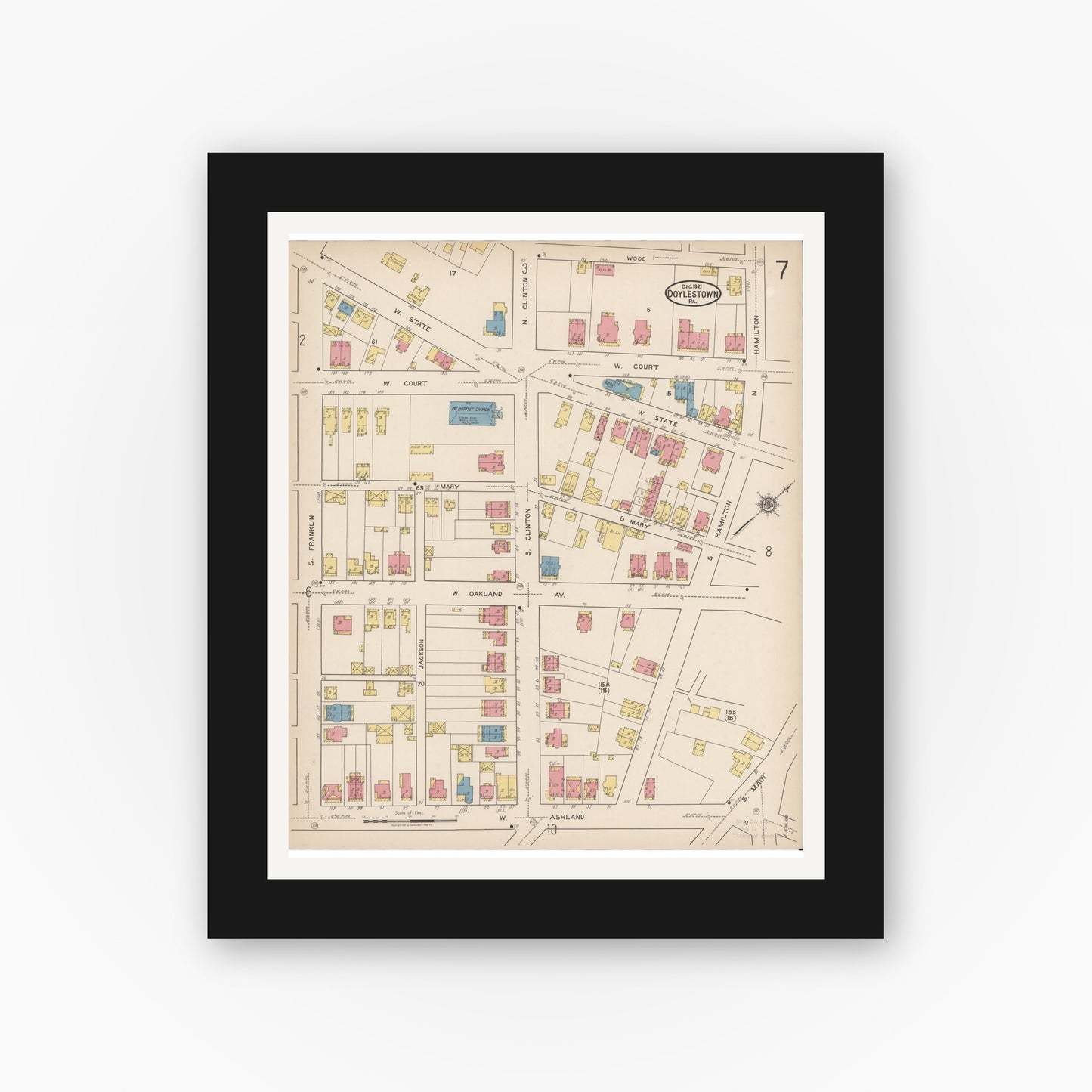 Old map wall art mockup — black gallery frame with white mat — Sanborn Fire Insurance Map from Doylestown, Bucks County, Pennsylvania (1922), Sheet #0007