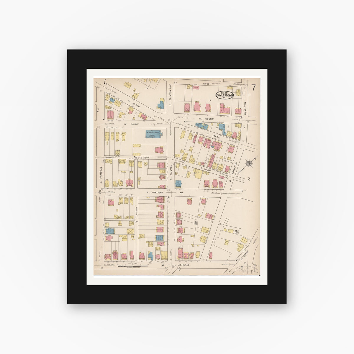 Old map wall art mockup — black gallery frame with white mat — Sanborn Fire Insurance Map from Doylestown, Bucks County, Pennsylvania (1922), Sheet #0007