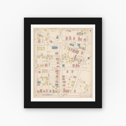 Old map wall art mockup — black gallery frame with white mat — Sanborn Fire Insurance Map from Doylestown, Bucks County, Pennsylvania (1922), Sheet #0007
