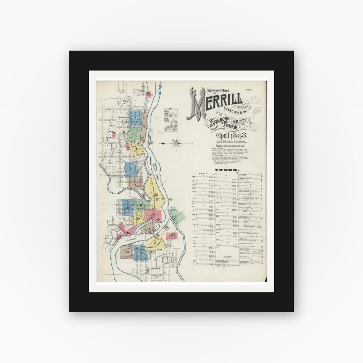 Old map wall art mockup — black gallery frame with white mat — Sanborn Fire Insurance Map from Merrill, Lincoln County, Wisconsin (1898), Sheet #0001