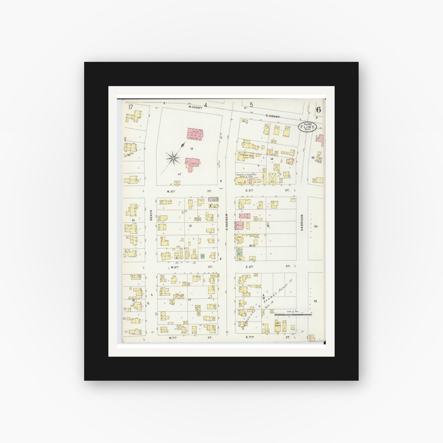Old map wall art mockup — black gallery frame with white mat — Sanborn Fire Insurance Map from Flint, Genesee County, Michigan (1898), Sheet #0006
