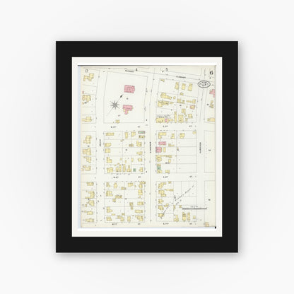 Old map wall art mockup — black gallery frame with white mat — Sanborn Fire Insurance Map from Flint, Genesee County, Michigan (1898), Sheet #0006