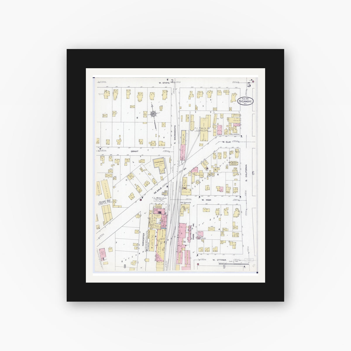 Old map wall art mockup — black gallery frame with white mat — Sanborn Fire Insurance Map from Sycamore, De Kalb County, Illinois (1912), Sheet #0005